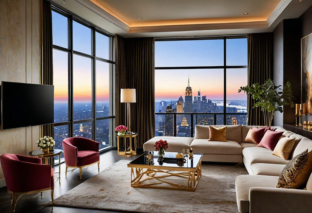 A luxurious living room with opulent furniture, golden accents, and large windows showcasing a skyline view. A sleek, modern flat-screen TV displaying a glamorous entertainment scene, with plush velvet cushions scattered around. A stylish bar cart with exquisite drinks adds to the lavish ambiance. Soft candlelight creates an inviting atmosphere, inviting viewers to envision a lifestyle of elegance and indulgence. super-realistic. vibrant colors. 3D.