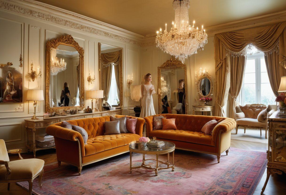 A luxurious dressing room filled with opulent fashion items like designer dresses, sparkling jewelry, and high-end shoes. A glamorous chandelier hangs above, reflecting warm golden light onto a velvet sofa. A stylish woman is admiring herself in an ornate mirror, surrounded by elegant decor and vibrant fashion magazines. Splashes of elegance and sensuality encapsulate the lavish lifestyle in the fashion and entertainment industry. super-realistic. vibrant colors. elegant ambiance.