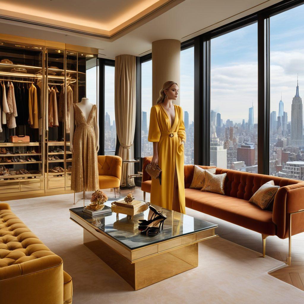 A lavish wardrobe filled with high-end fashion items, surrounded by glamorous accessories like designer handbags and sparkling jewelry. In the background, an elegant penthouse with floor-to-ceiling windows showcasing a city skyline, evoking a sense of luxury. Include fashionable celebrities mingling in the setting, dressed in chic outfits, exuding confidence and style. Soft, warm lighting creates an inviting atmosphere, with hints of gold accents adding to the glamour. super-realistic. vibrant colors. luxurious ambiance.
